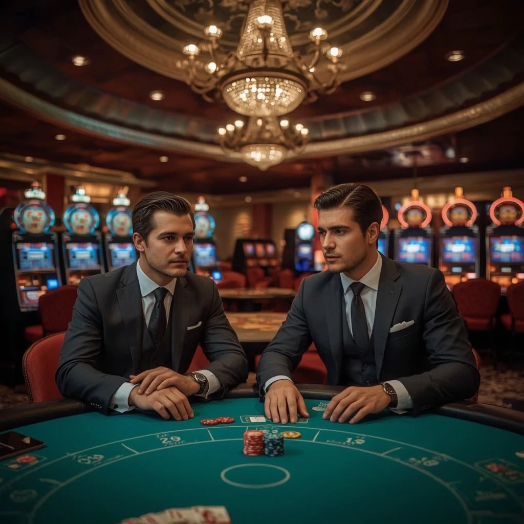 Two poker players in a WOLF777 CASINO